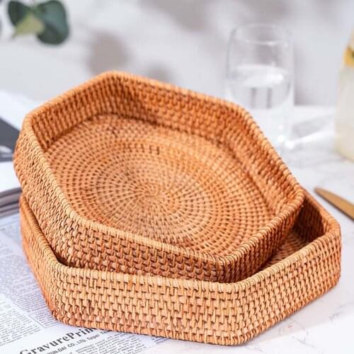 1Pc/2Pcs Nordic Hand-Woven Rattan Storage Tray Hexagonal Wicker Basket Food Dinner Serving Plate Home Decor