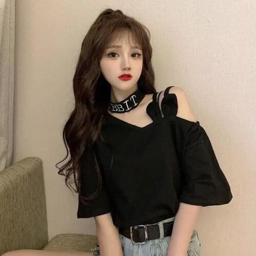 2021 Summer Korean Style Neck-Tied off-Shoulder Short-Sleeved T-shirt Womens All-Match Loose Preppy Style Top Plus Size 4XL