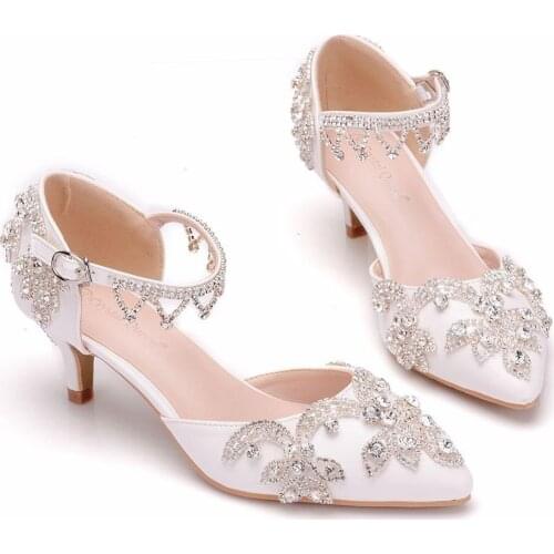 2021 spring white rhinestone stiletto high-heeled low-heeled large size banquet sandals female bride bridesmaid wedding shoes
