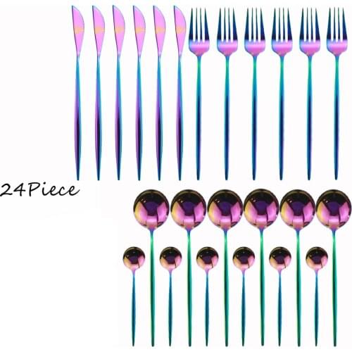 24pcs Rainbow Cutlery Set Stainless Steel Flatware Set Knife Fork Spoon Dinnerware Set Kitchen Tableware Set Dishwasher Safe