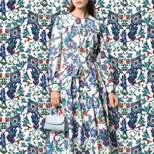 Polyester satin digital printing fabric for skirt shirt white bottom blue floral pattern diy sewing fabric