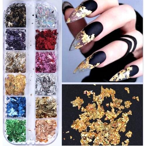 12 Color Gold Colorful Shinning Foils Gorgeous Aluminum Nails Glitter Flakes Paillette Chip Nail Art Decoration DIY Design