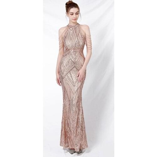 Elegant Halt Neck Diamond Sequin Embroider Formal Dress Mermaid Evening Dress Sleeveless Women Robe De Soriee Gold Vestidos