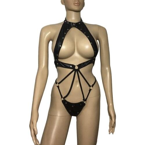 Hot Sexy Punk Body Harness Riveted Strappy Teddy Bodysuit with G-String Fantasy Mistress Fetish Costume Erotic Lingerie Outfit