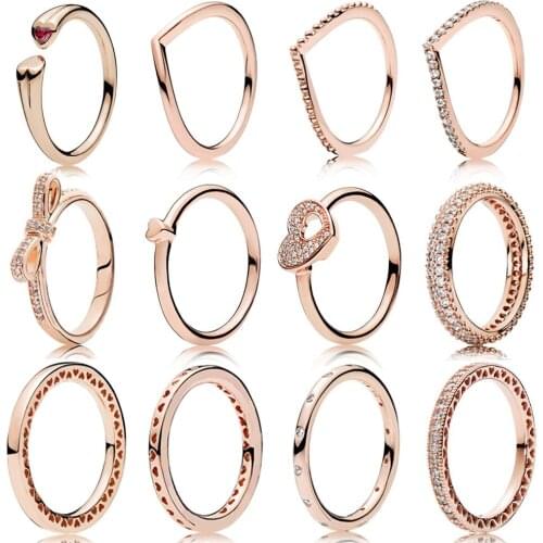 925 Sterling Silver Classic Rose Gold Bow Round Heart Ring Mothers Day Gift Original High Quality 1:1 Fashion Jewelry