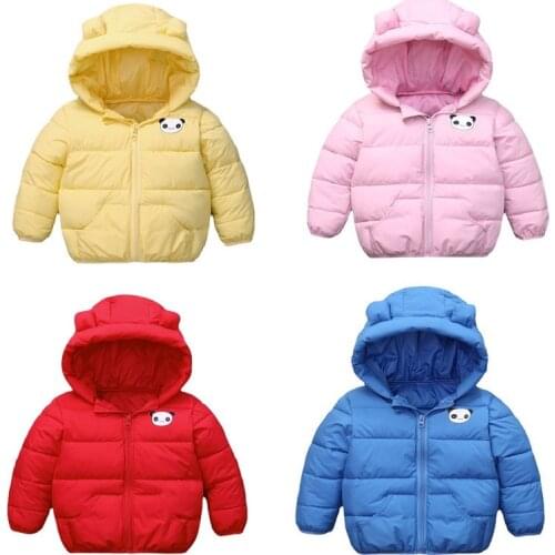 Autumn and winter 2021 new childrens cartoon panda ear down cotton padded jacket boys and girls solid color thickened baby coat