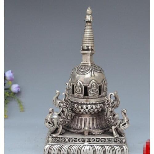 Copper Statue Brass silver plated square pagoda incense burner handicraft ornaments Buddhist articles home decoration