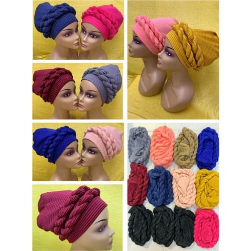 Newest Elegant Turban Hats Women Cap Braid Plain Color Hats Scarfs Head Wrap Headband Girl Hair Accessories 12pcs/pack