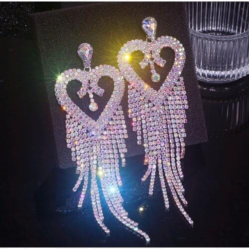 New Shiny Crystal Big Heart Earrings for Women Bijoux Long Tassel Full Rhinestone Drop Dangle Earrings Statement Jewelry Gifts