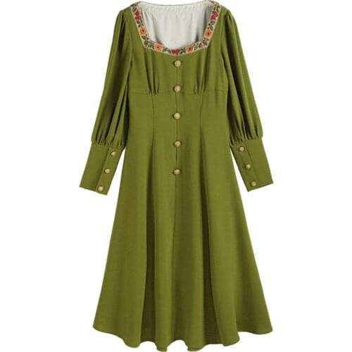 PERHAPS U Long-sleeved Dress Green Vintage Button Floral Embroidery Mid Calf A-line Elegant Chic D2126