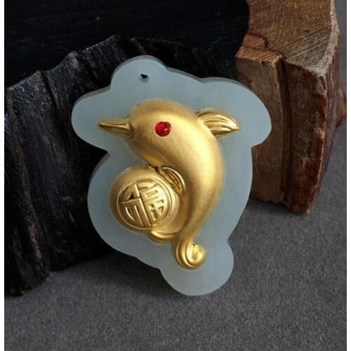 Jin Xiangyu jade pendant gold inlaid natural Hetian white jade dolphin pendant with certificate