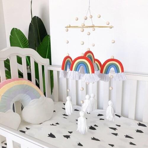 Baby Wooden Mobiles Bed Bell Toy Rattles Crib Bracket For Newborn Infants Rainbow Room Bed Hanging Decor Photography Props