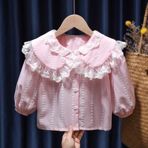 Spring Autumn Kids Long Sleeve Shirts Fashion Children Girl Lace Turn-down Collar Blouses Shirt Tops Baby Toddler Casual Clothes