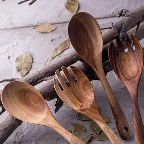 50LB 8.7 Inch Acacia Wooden Salad Servers Rice Spoon Fork with Long Handles Dinner Mixing Cooking Utensils Kitchen Cookware