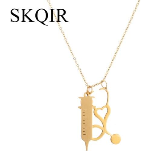 SKQIR Gold Medical Stethoscope Syringe Pendant Necklace Link Chain Needle Metal Steel Pendant For Women Nurses Jewelry Gifts