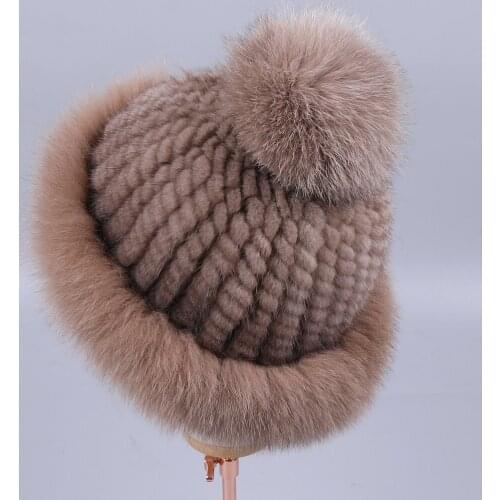SUPPEV&STTDIO Real Mink Fur Hat Women Winter Knitted Fur Beanies Cap Fox Fur Poms Brand New Thick Female Hats Cap Elastic Warm