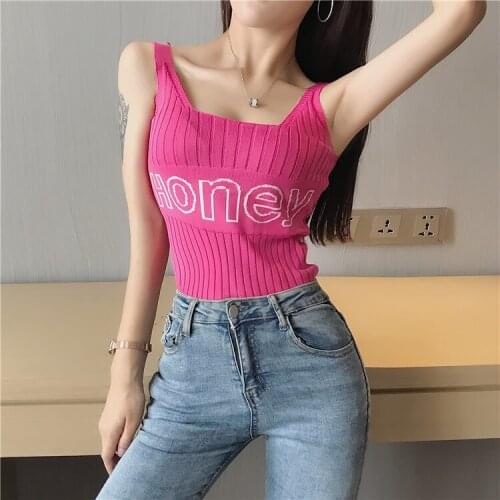 Sweet Honey Embroidery Thin Knitted Camisoles Women Tanks Tops Summer Sexy Sleeveless Off Shoulder Tops