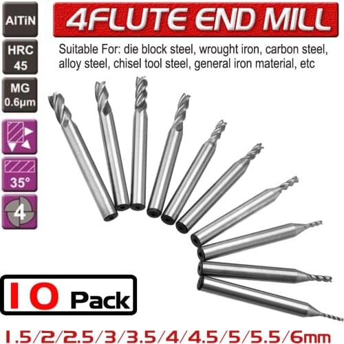 10pcs Solid Carbide End Mill 4 Flute TiAlN Coated Micrograin Carbide Slot Drill 1.5mm 2mm 3mm 4mm 5mm 6mm High Quality D35