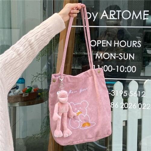 Corduroy Embroidery Bear Women Shoulder Bags Vintage Student Girls Handbags All-match Ladies Large Shopping Bag Cute Casual Tote