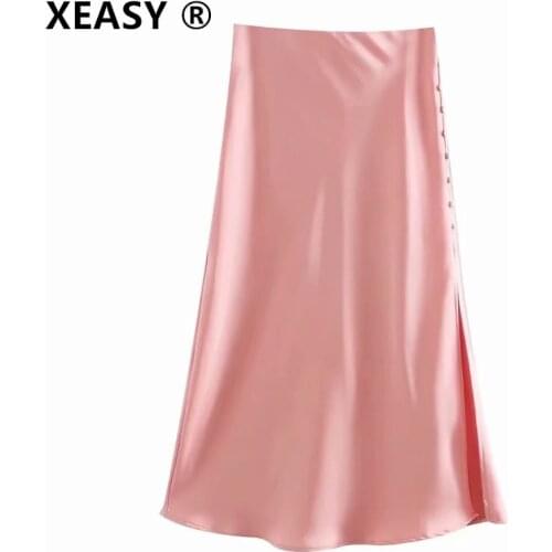 XEASY Solid Satin Elastic waist Women Side Slit Midi Skirt 2020 New Fashion Casual Lady Button decoration Slim A-Line Skirts