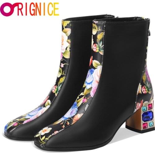 Orignice Fashion New Crystal Thick Heels Women Ankle Boots Mixed Color Genuine Leather Zipper Square Toe 2021 Female Shoes