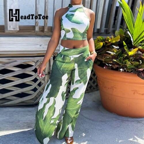 Leaf Print Sleeveless Crop Tops & Pocket Design Wide Leg Pants Set Summer Women Two Piece Set