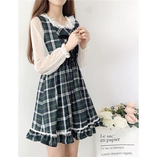 Japanese Preppy Style Spring Summer Women Sundress Elegant Plaid Sleeveless Dress Cute Kawaii Ruffles Crochet Bow Girls Dresses
