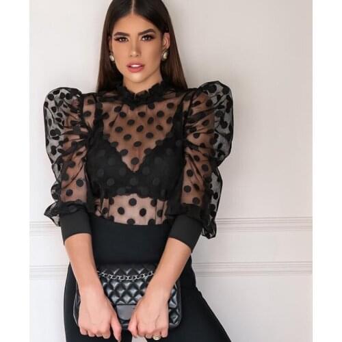 2021 Summer Polka Dot Mesh Top Womens New Sexy See-through Mesh Top Stand Collar Bubble Sleeve T-shirt