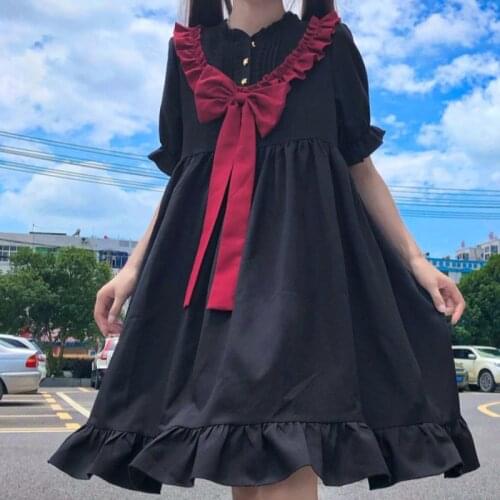 Hstar Women Summer Black Bow Short Sleeve Cute Dress 2121 New Japanese Harajuku Kawaii Preppy Style Fairy Vestidos For Girl