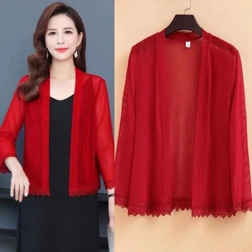 Women Thin Coat 2021 Spring Summer Sun Protection Clothing Mesh Jacket Three Quarter Sleeve Red Lady Tops Plus Size 5XL Y970
