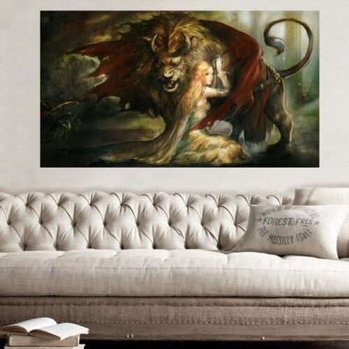 Animal oil painting girl and lion animal watercolor art canvas painting living room corridor office home decoration mural