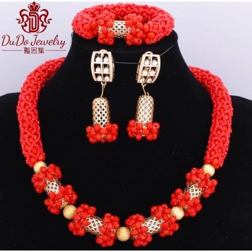 2017 Newest Dubai Jewelry Set Red Gold Color Indian African Nigerian Crystal Wedding Beads Jewelry Set For Bride Party Jewellery