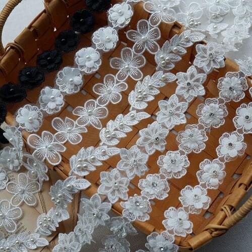 7CM Wide Luxury beads cotton White Embroidery Lace Fabric DIY applique collar trim ribbon Sewing wedding dress