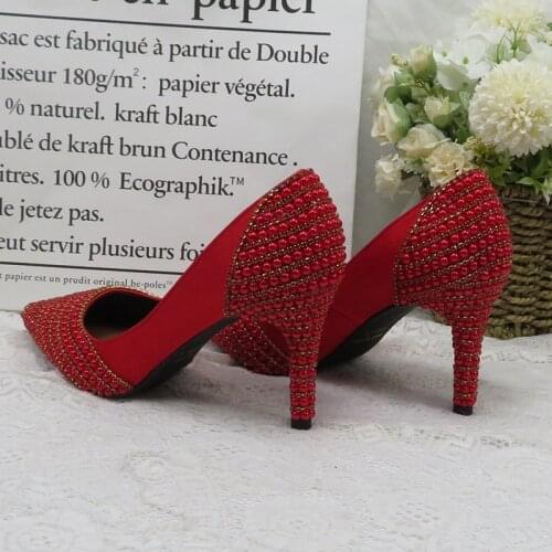 BaoYaFang Red Pearl Pointed Toe Wedding shoes woman sweet party dress shoe Thin High Pumps fashion Handmade Performance shoes
