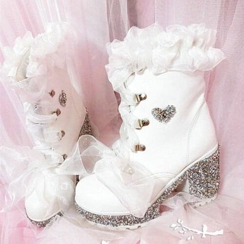 White Square Heel Ankle Boots with Platform Internal Height Increasing Women Shoes with Crystal for Winter Gril Lady Warm