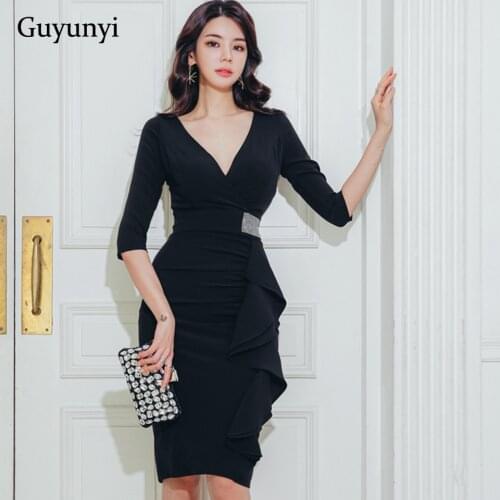 Black High Waist Elegant Pencil Dress 2021 Spring Winter Tight Warm Dress Half Sleeve Side Decorative Ruffles Office Dress