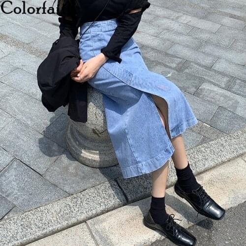 Colorfaith New 2021 Womens Skirts Spring Summer Vintage High Waist Fashionable Pencil Denim Split Wild Lady Long Skirts SK8059