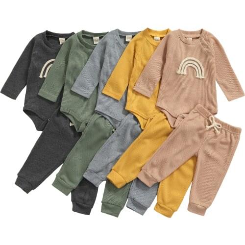 2021-08-10 Lioraitiin 0-18M Newbofn Baby Boy Girl Ribbed Long Pants Set Long Sleeve Rainbow Romper Elastic Waist Lace Up Pants