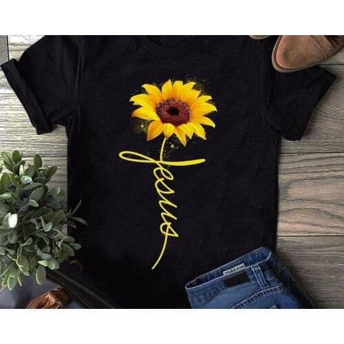 Kuakuayu-XSX Sunflower Jesus Christian T-Shirt Summer Women Short Sleeves Casual Black Tee Faith Shirt Gift