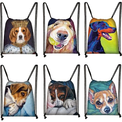 Labrador/Golden Retriever/FadouCartoon Dog Print Drawstring Bag Foldable Portable Backpack Travel Storage Bags Children Work Bag