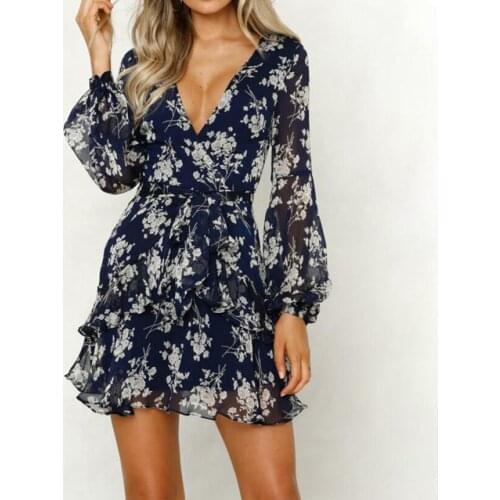 Summer Women Boho Dress Sexy Floral Leaf Printed Lantern Sleeve Dress Empire Dresses Ladies Beach Casual Mini Dress Vestidos