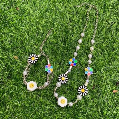 Daisy Anti-war Smiley Sun Flower Pearl Necklace National Tide Hip Hop Design Mens and Womens Bracelet set Accessories 0a1#2610