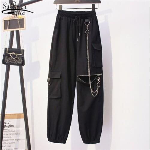 Mujer Pantalones Black High Waist Zipper Casual Cargo Pants Women Capri Elastic Strap with Chain Harem Pants for Women 10652