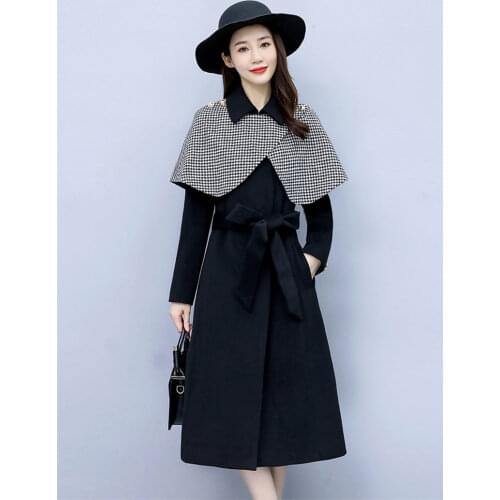 Cloak Woolen Coat Womens Mid-Length Autumn And Winter New French Retro Shawl Slim Windbreaker Bandage Casaco Feminino Top y1360