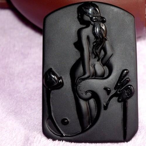 Natural Black Obsidian Pendant Carved Naked Beautiful Girl Pendant Bead Necklace Lucky Amulet Mens Fashion Jewelry