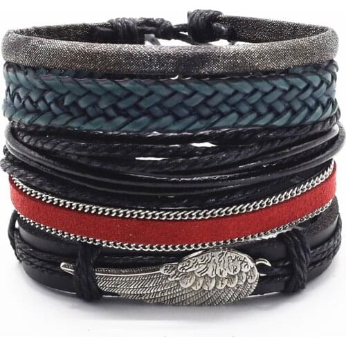 New Arrival Fashion 5 Pcs/set Vintage Feather Guitar Skull Wing Charm Wrap Leather Bracelets Men Women Homme Femme Male Jewelry