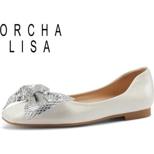 ORCHA LISA 2021 Spring Fashion Crystal Bowtie Pumps Sweet Square Toe Bling Slip On Leather 1.5cm Flat Size 32-43 Beige A4186