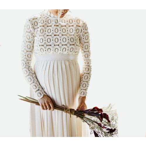 Maternity Dress Lace Stitching Fluttering Maternity Pleated Skirt Long-Sleeved Slit Photography And Long Dress Photography Props