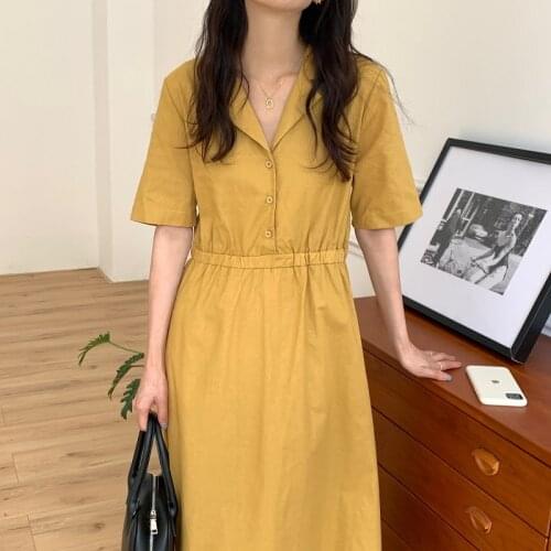 2021 New Women Summer Vintage Long Shirt Dress Elastic High Waist A-line Maxi Sundress Lapel Collar