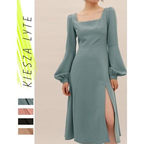 Vintage Womens Fashion Dress Lantern Sleeves High Slit High Waist Elegant A-Line Dresses Female Vestidos